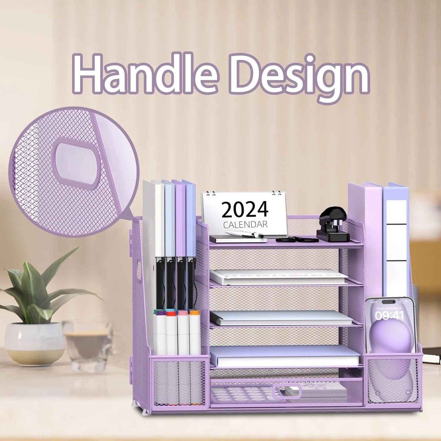5-Tier Tray-Style Document Rack, Desktop Document Sorter with Bookends for Home and Office
