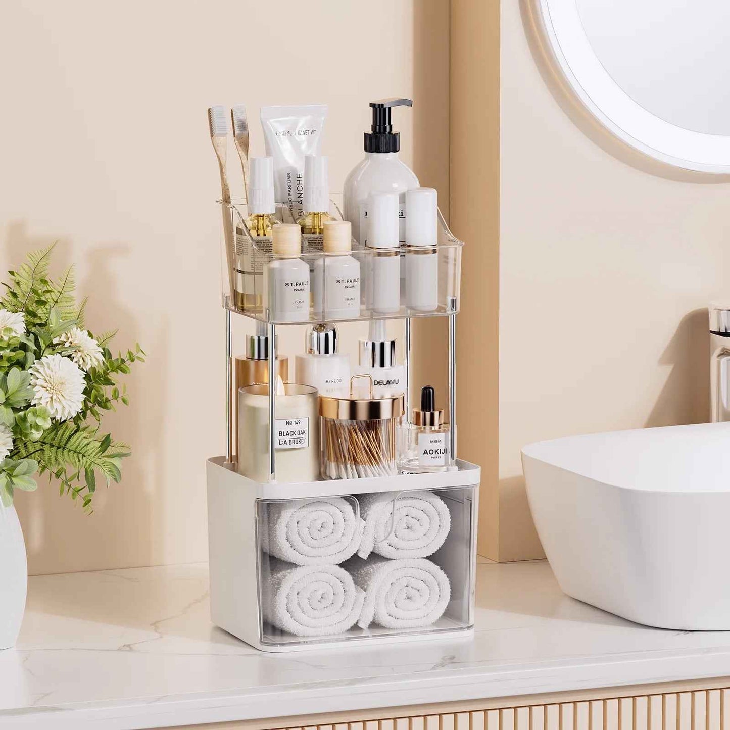 2 Layer Makeup Organizer with Drawer, Makeup Storage Bathroom Vanity Lipstick Brush Holder Skincare Organizer, Clear White