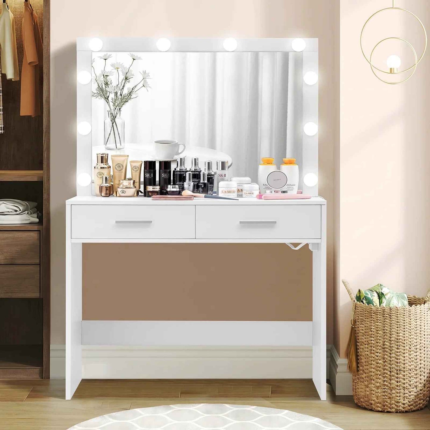 Vanity Desk Lighted Mirror Charging Station Drawers Table Set White
