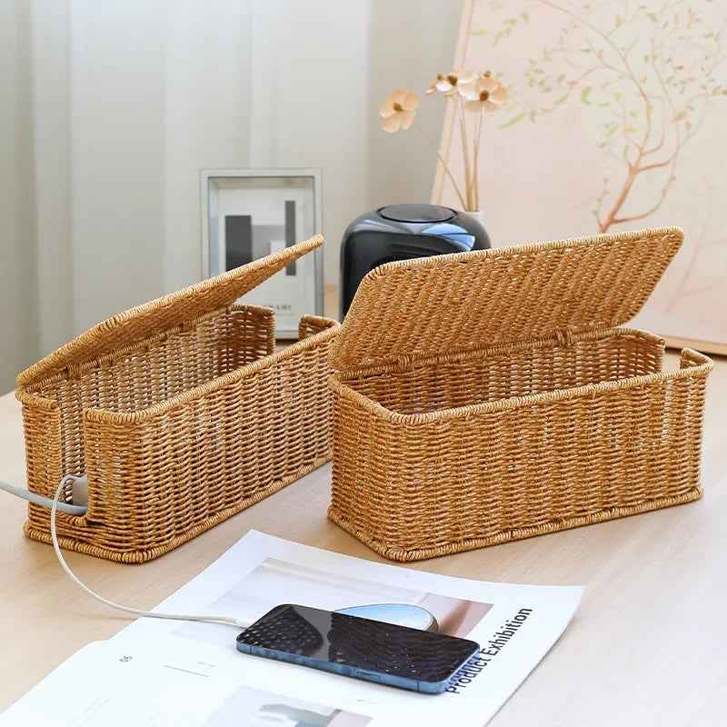 Handmade Cable Management Box, Durable Rattan Cable Organizer, 2 Open Slots Cords Hider Box, under Desk Cord Organizer