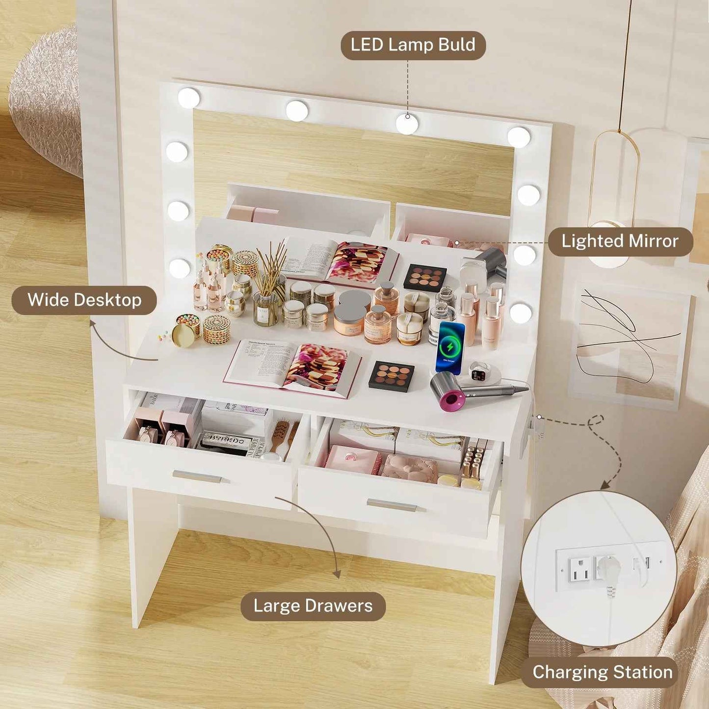Vanity Desk Lighted Mirror Charging Station Drawers Table Set White