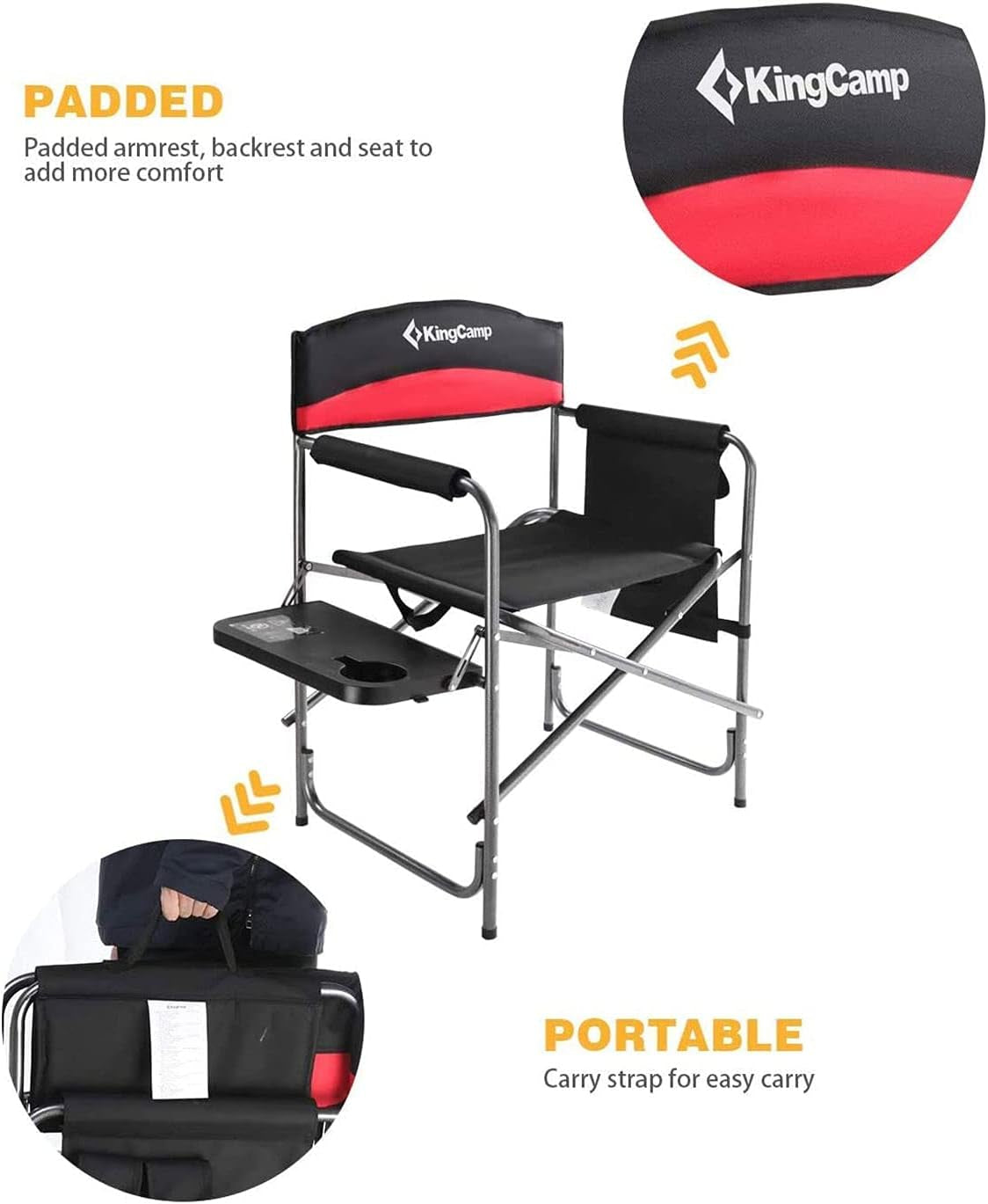 Heavy Duty Camping Director Chair, Folding with Side Table & Storage, Red