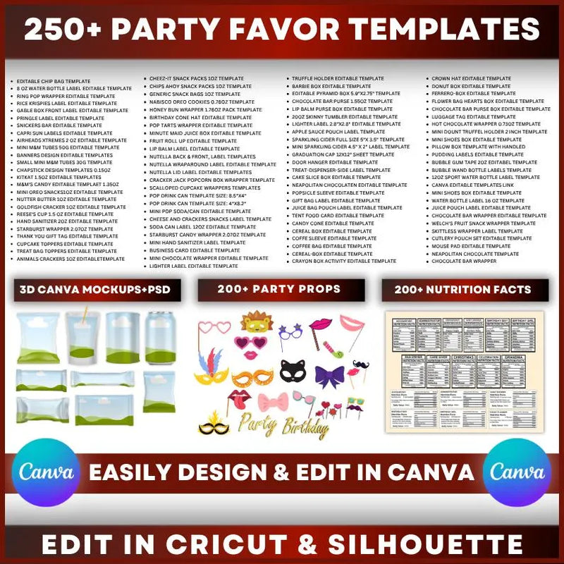98500+ Party Favor Templates Bundle , Water Bottle Labels, Chip Bag Template, Party Favors, Chocolate Bar, Capri Sun Labels, Nutrition Facts