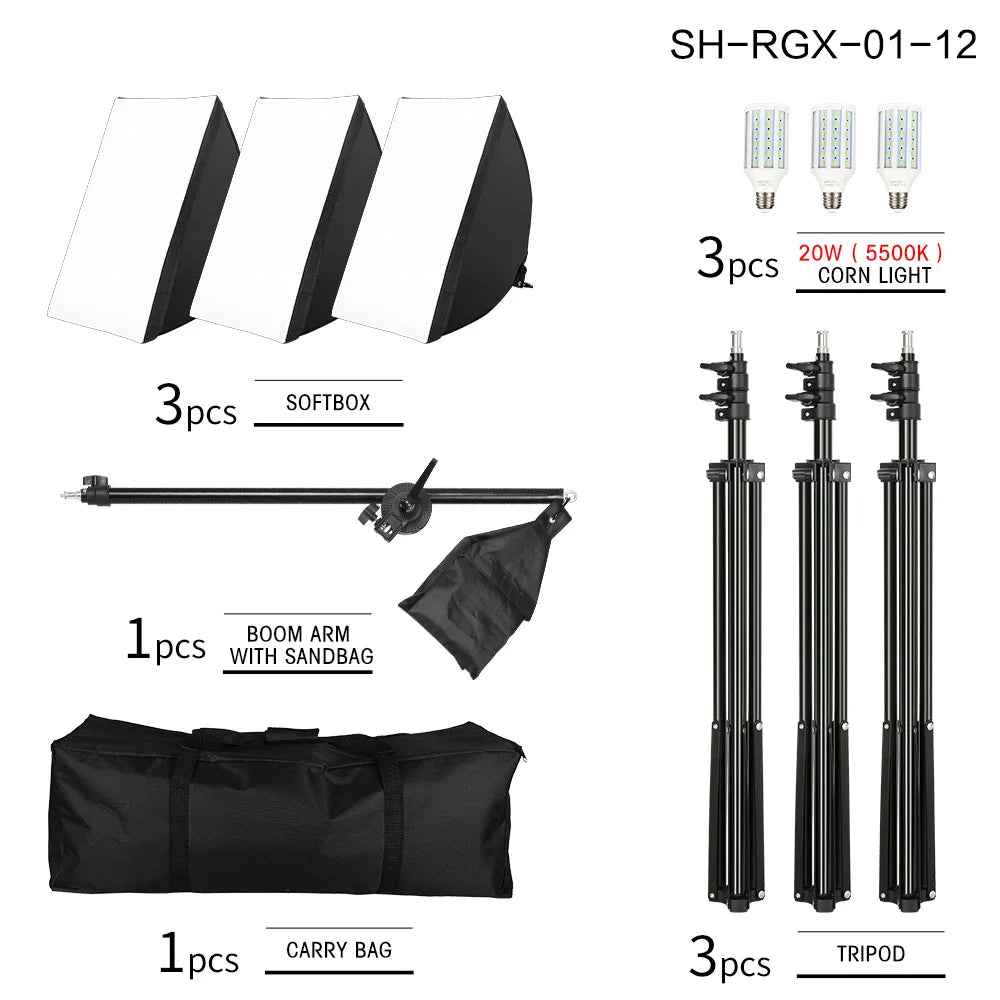 Professional Photo Studio Softbox Lights Continuous Lighting Kit Accessories Equipment with 3Pcs Soft Box,Led Blub,Tripod Stand