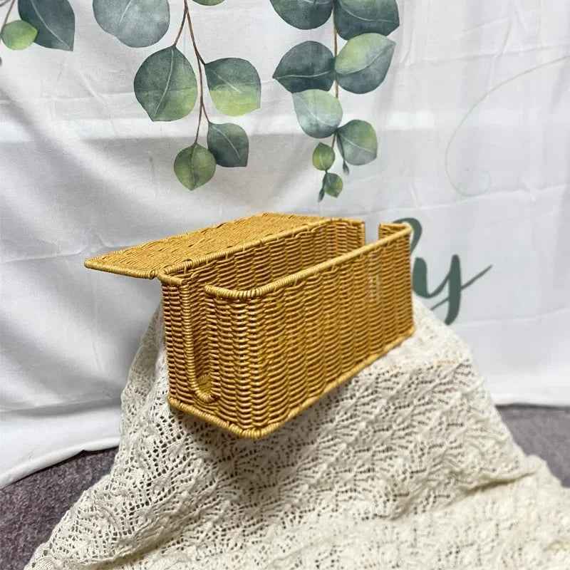 Handmade Cable Management Box, Durable Rattan Cable Organizer, 2 Open Slots Cords Hider Box, under Desk Cord Organizer