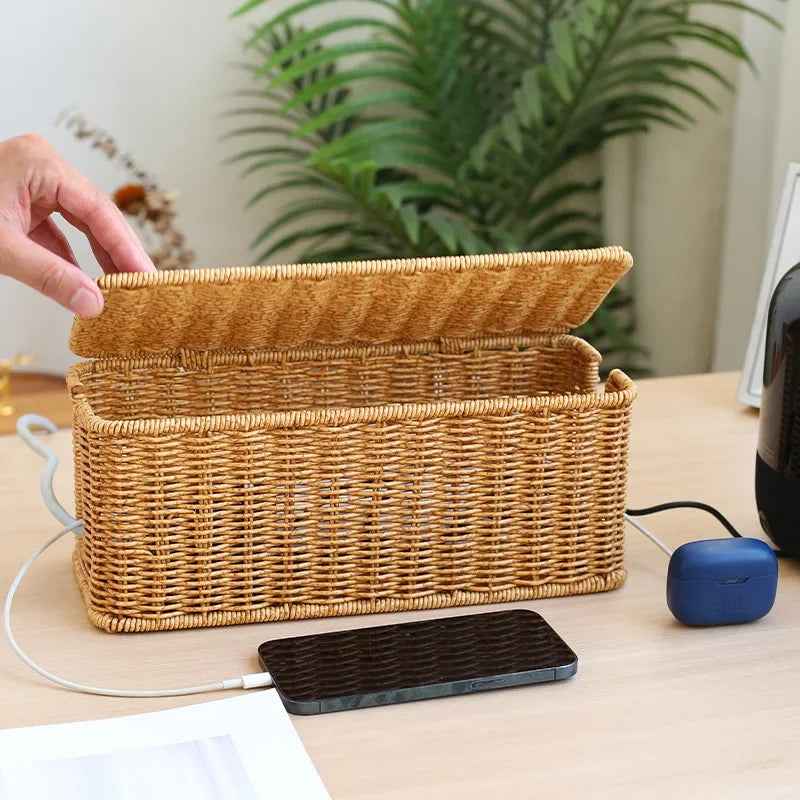 Handmade Cable Management Box, Durable Rattan Cable Organizer, 2 Open Slots Cords Hider Box, under Desk Cord Organizer
