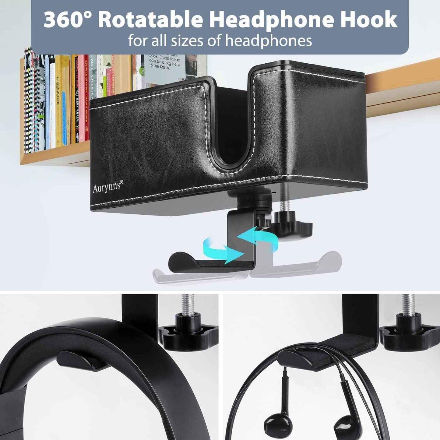 Desk Cup Holder Clip on Pen Holder Headphone Hanger Headset Stand Rotatable Clamp Hook under Desk (Black)