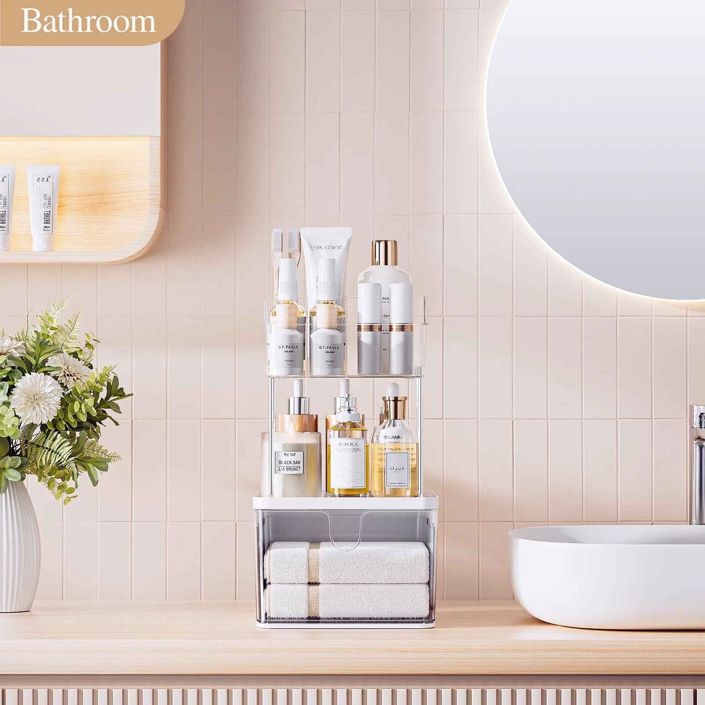 2 Layer Makeup Organizer with Drawer, Makeup Storage Bathroom Vanity Lipstick Brush Holder Skincare Organizer, Clear White