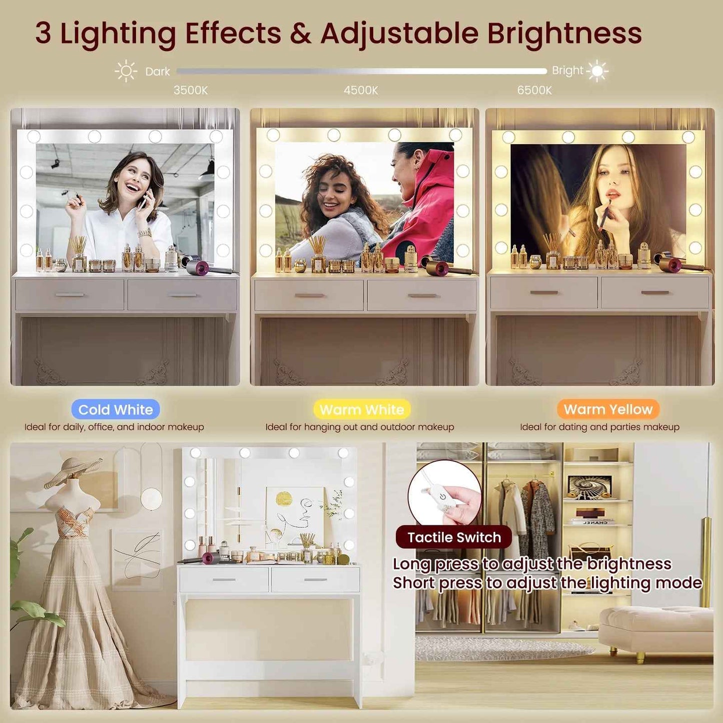 Vanity Desk Lighted Mirror Charging Station Drawers Table Set White
