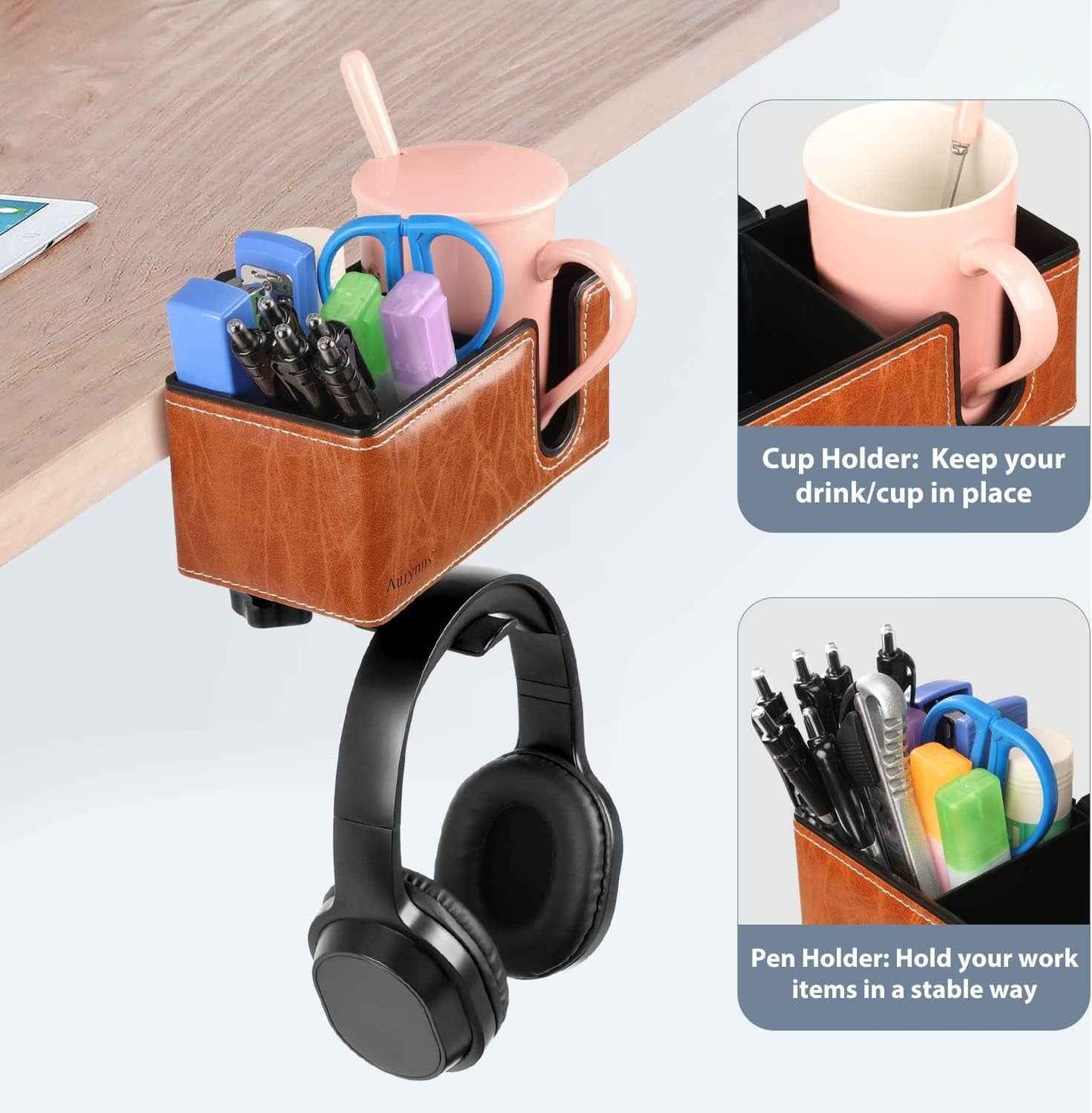Desk Cup Holder Clip on Pen Holder Headphone Hanger Headset Stand Rotatable Clamp Hook under Desk (Light Brown)