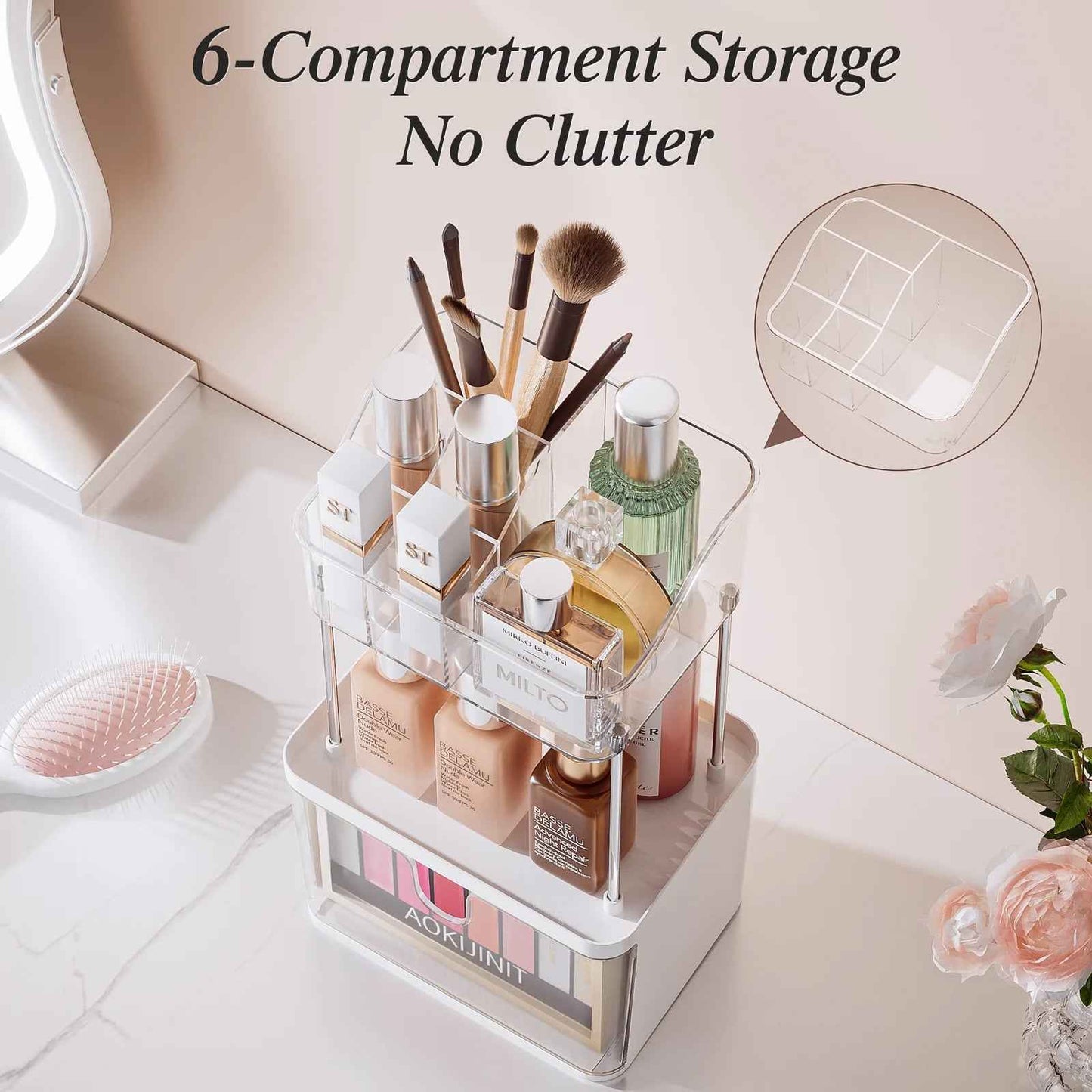 2 Layer Makeup Organizer with Drawer, Makeup Storage Bathroom Vanity Lipstick Brush Holder Skincare Organizer, Clear White