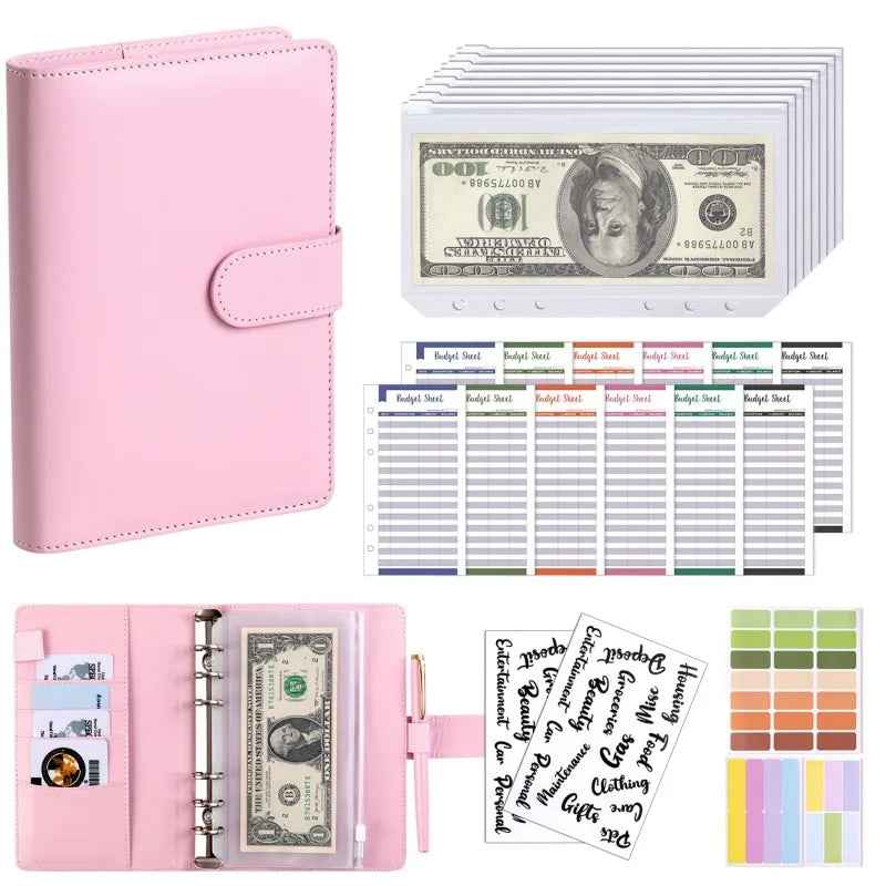 PU Leather Notebook Binder Budget Saving Money Planner Money Organizer for Cash Savings Zipper Envelope Pockets Stickers
