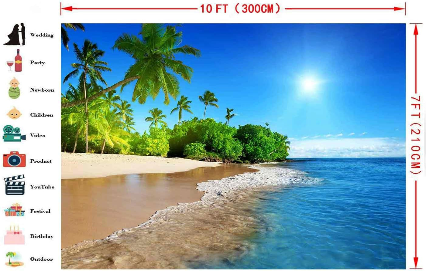 10X7Ft Tropical Beach Summer Sunshine Backdrop Beach Coast Tropical Paradise Blue Sea Sky Coconut Tree Photography Background Themed Party Backdrop Photo Booth Studio Props FH1200