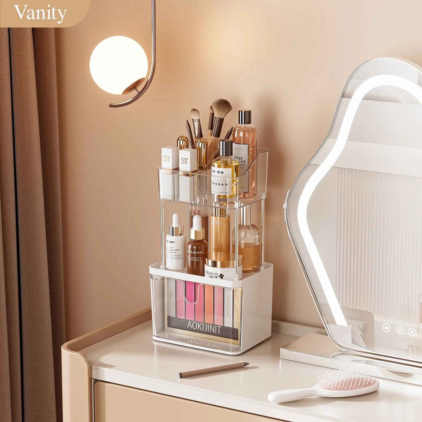 2 Layer Makeup Organizer with Drawer, Makeup Storage Bathroom Vanity Lipstick Brush Holder Skincare Organizer, Clear White