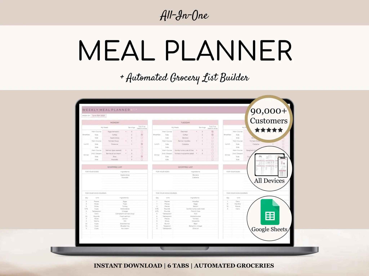 Weekly Meal Planner and Grocery List | Google Sheets Digital Template | Automated Shopping List | Food Prep | Printable Digital Meal Planner