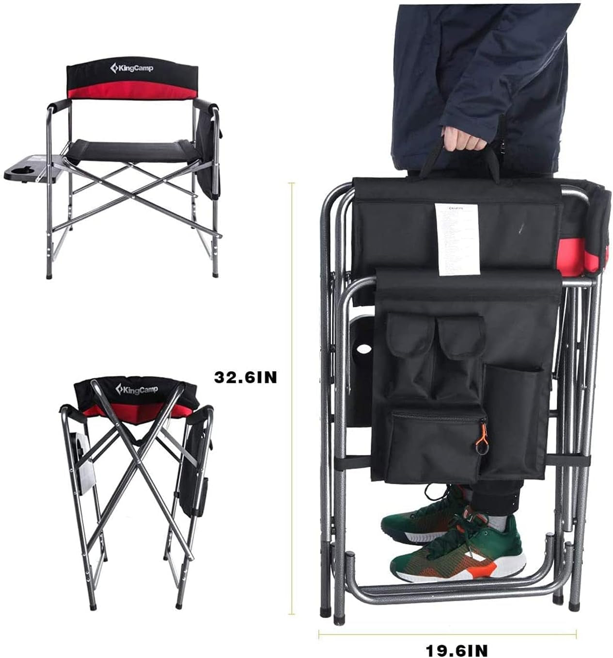 Heavy Duty Camping Director Chair, Folding with Side Table & Storage, Red