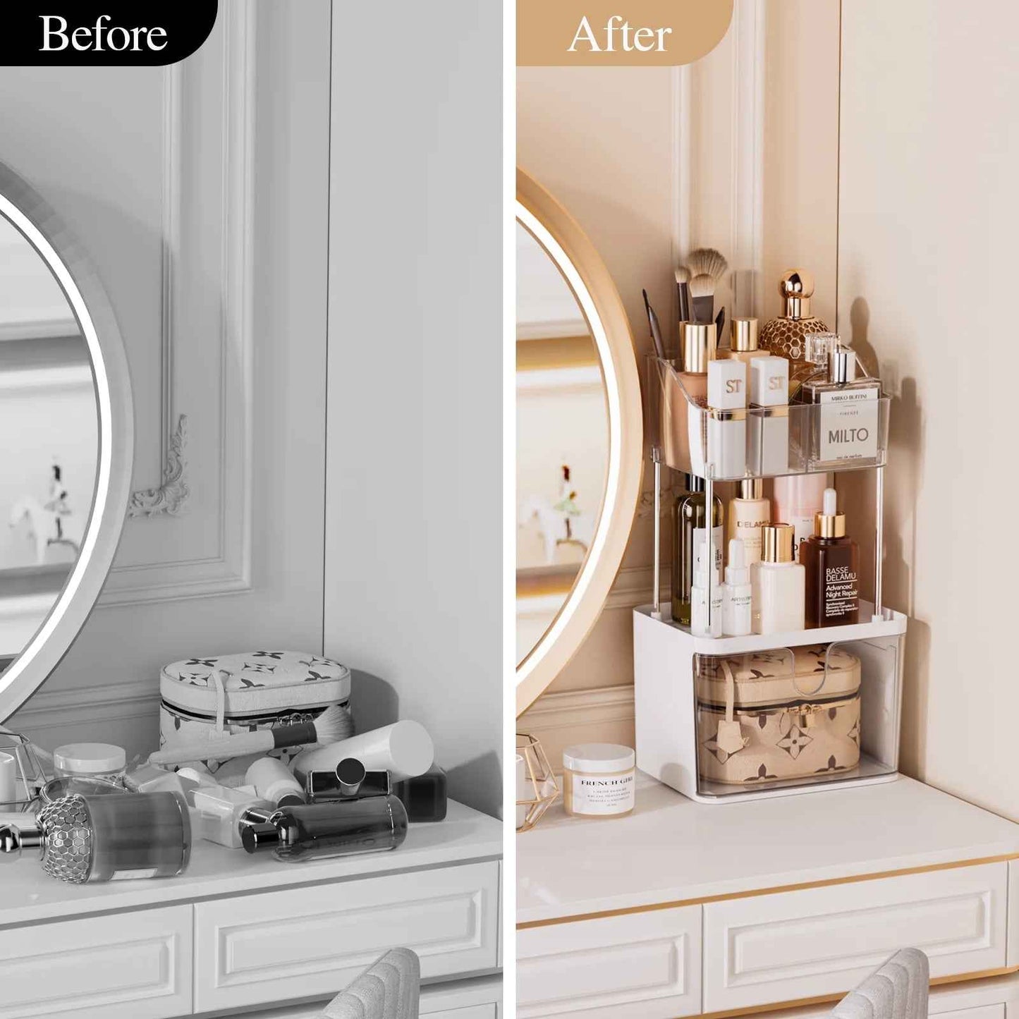 2 Layer Makeup Organizer with Drawer, Makeup Storage Bathroom Vanity Lipstick Brush Holder Skincare Organizer, Clear White