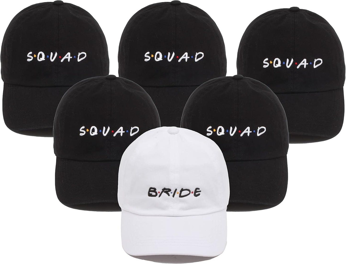 Bridal Baseball Hat, 100% Cotton Embroidered Cap, One Size Fits Most, Bachelorette Party Hats - 6 Pack: Bride (White) & 5 Squad (Black)