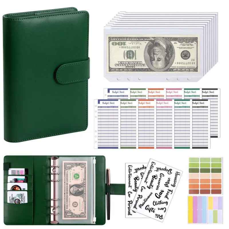 PU Leather Notebook Binder Budget Saving Money Planner Money Organizer for Cash Savings Zipper Envelope Pockets Stickers