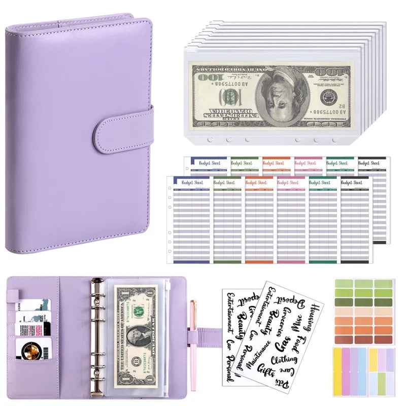 PU Leather Notebook Binder Budget Saving Money Planner Money Organizer for Cash Savings Zipper Envelope Pockets Stickers