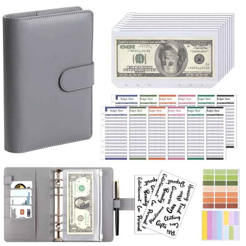 PU Leather Notebook Binder Budget Saving Money Planner Money Organizer for Cash Savings Zipper Envelope Pockets Stickers