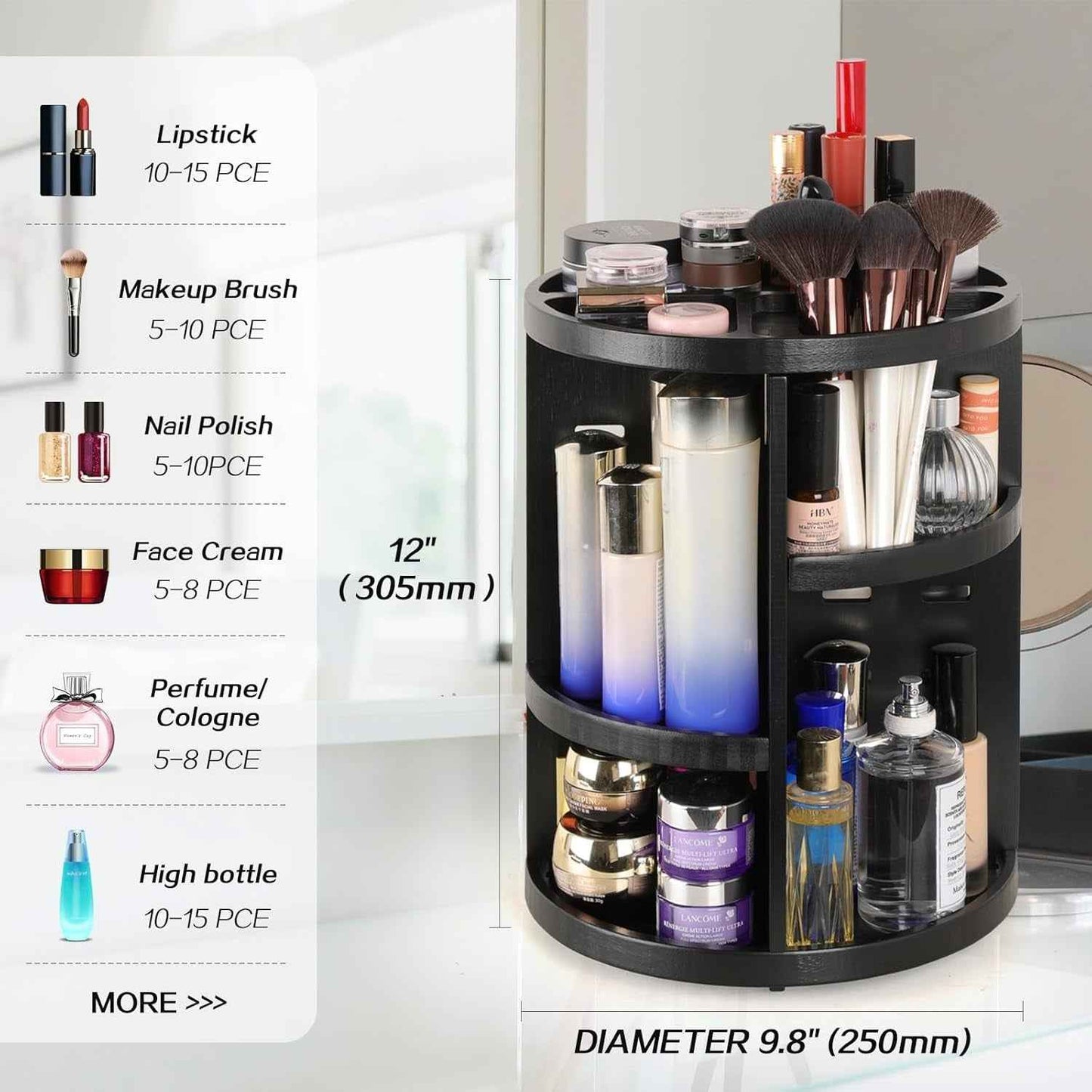 Rotating Bamboo Makeup Organizer,360 Degree Spinning Adjustable Bamboo Vanity Makeup Holder Rack,Large Capacity Cosmetics Storage Display Box,Fits Makeup,Skincare,Cologne(Black)