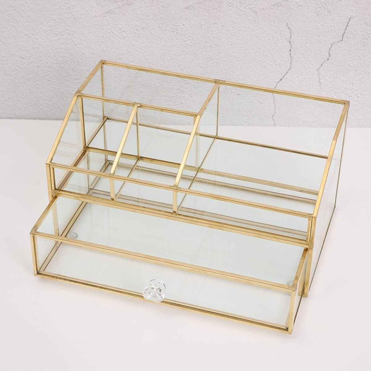 Glass Makeup Brush Holder, Makeup Brush Organizer Jewelry Display Box, Nordic Style Elegant Glass Makeup Organizer Nail Polish Lipsticks Eyeliners Holder for Vanity Bathroom Bedroom Office