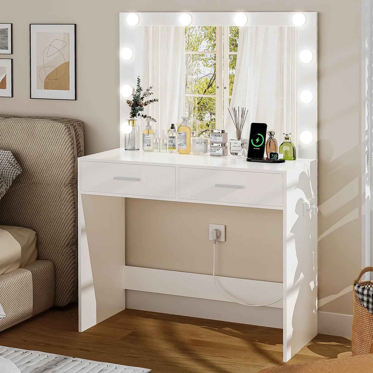 Vanity Desk Lighted Mirror Charging Station Drawers Table Set White