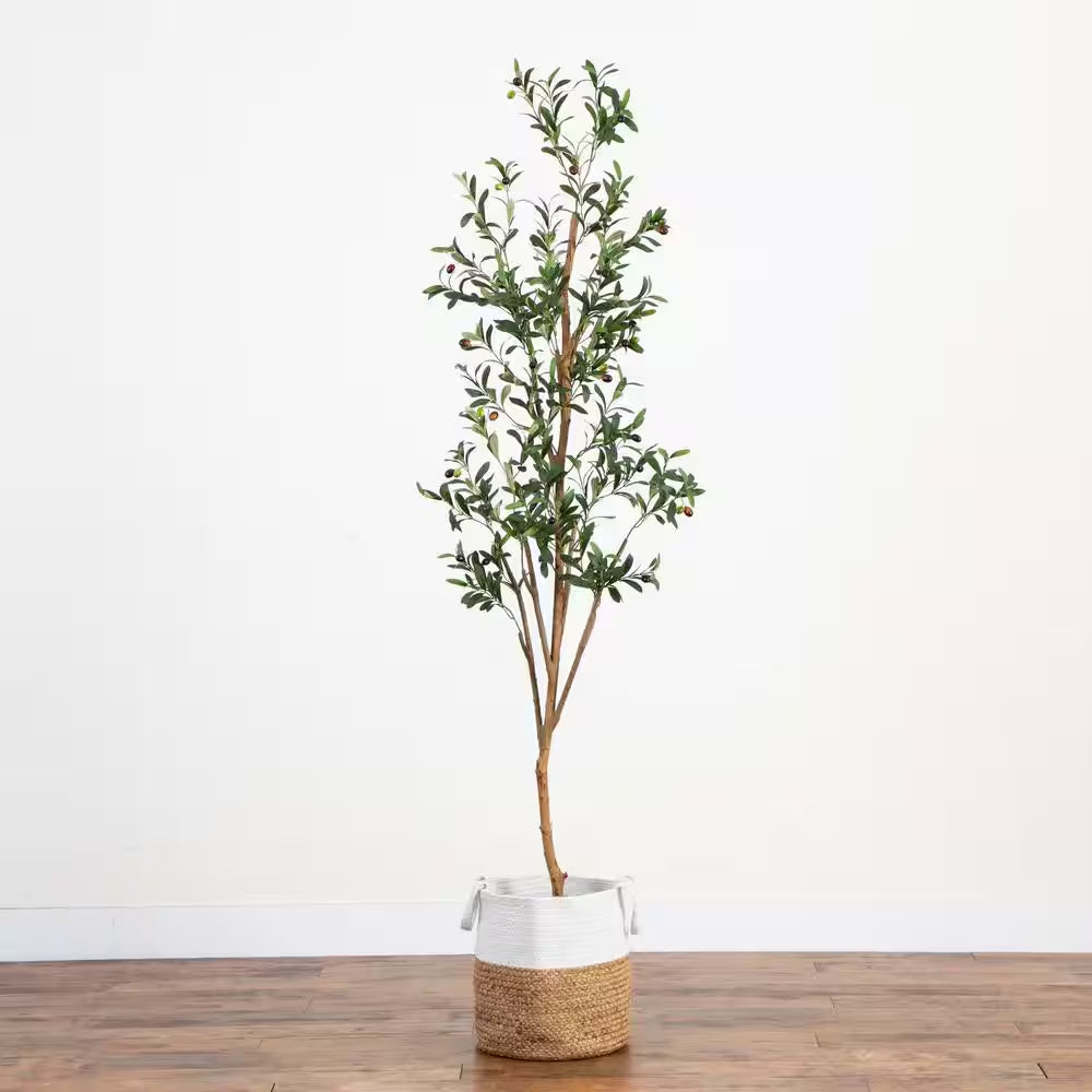 7 Ft. Artificial Olive Tree with Natural Trunk and Handmade Jute Basket