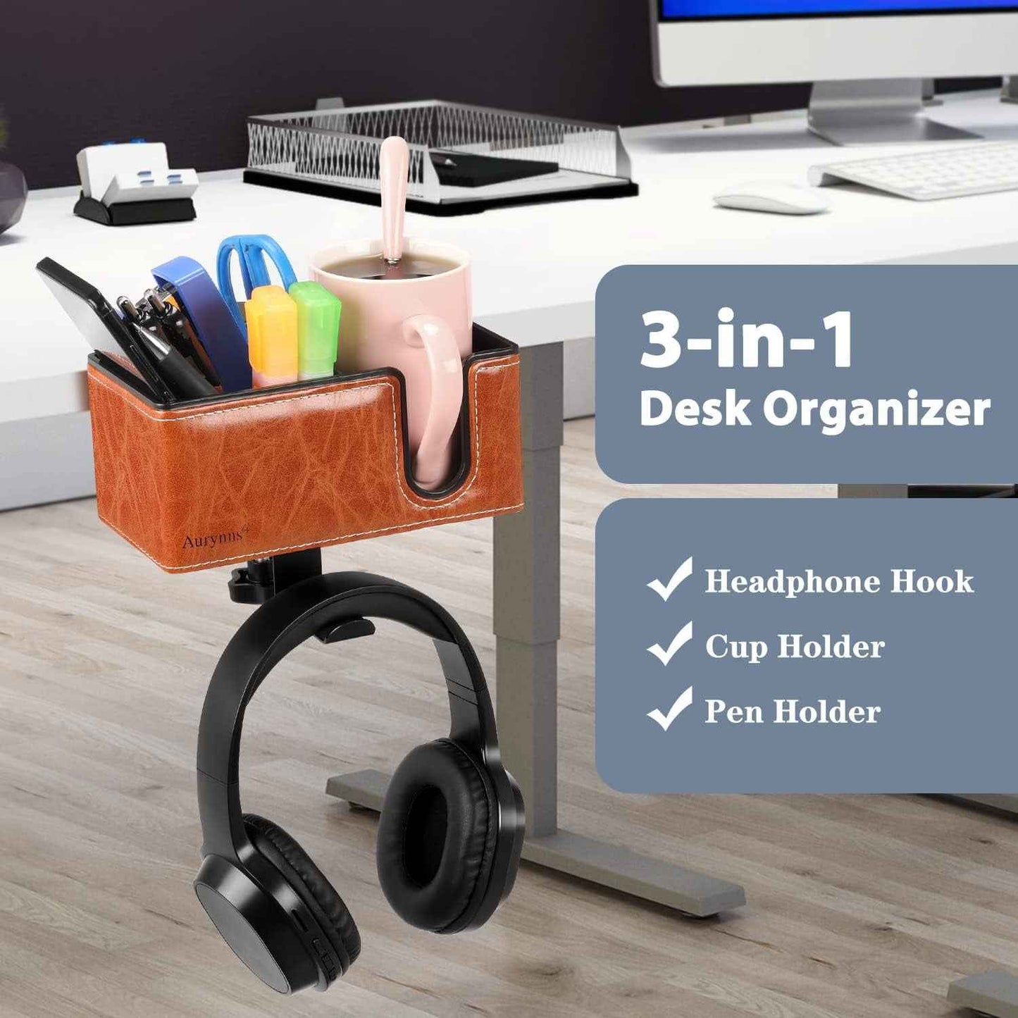 Desk Cup Holder Clip on Pen Holder Headphone Hanger Headset Stand Rotatable Clamp Hook under Desk (Light Brown)