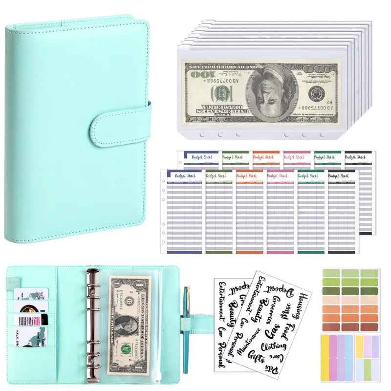 PU Leather Notebook Binder Budget Saving Money Planner Money Organizer for Cash Savings Zipper Envelope Pockets Stickers