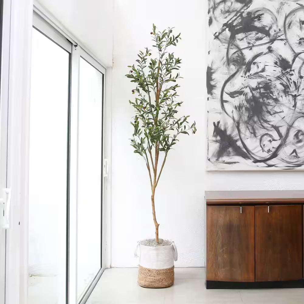 7 Ft. Artificial Olive Tree with Natural Trunk and Handmade Jute Basket