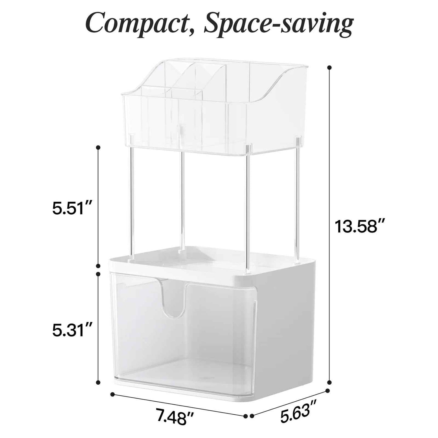 2 Layer Makeup Organizer with Drawer, Makeup Storage Bathroom Vanity Lipstick Brush Holder Skincare Organizer, Clear White