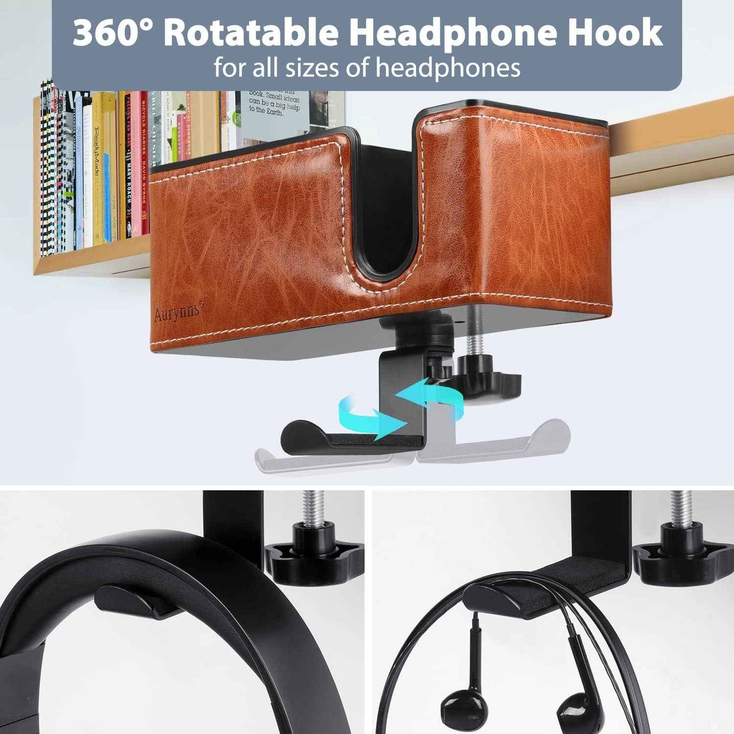 Desk Cup Holder Clip on Pen Holder Headphone Hanger Headset Stand Rotatable Clamp Hook under Desk (Light Brown)