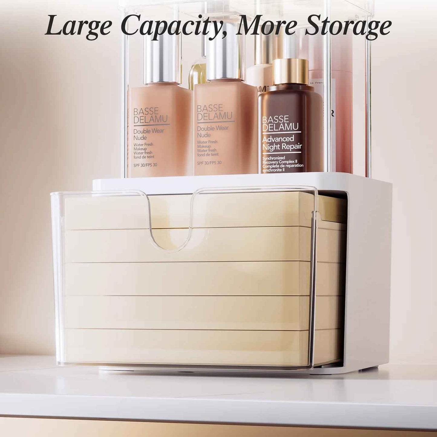 2 Layer Makeup Organizer with Drawer, Makeup Storage Bathroom Vanity Lipstick Brush Holder Skincare Organizer, Clear White