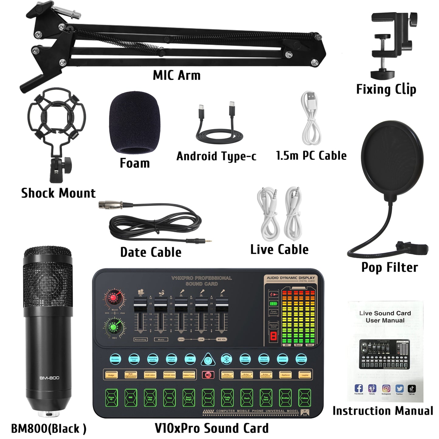 Condenser Microphone Bundle Audio Mixer BM-800 Podcast Microphone with Voice Changer, Studio Equipment for Laptop Computer Vlog Living Broadcast Live Streaming Youtube Tiktok