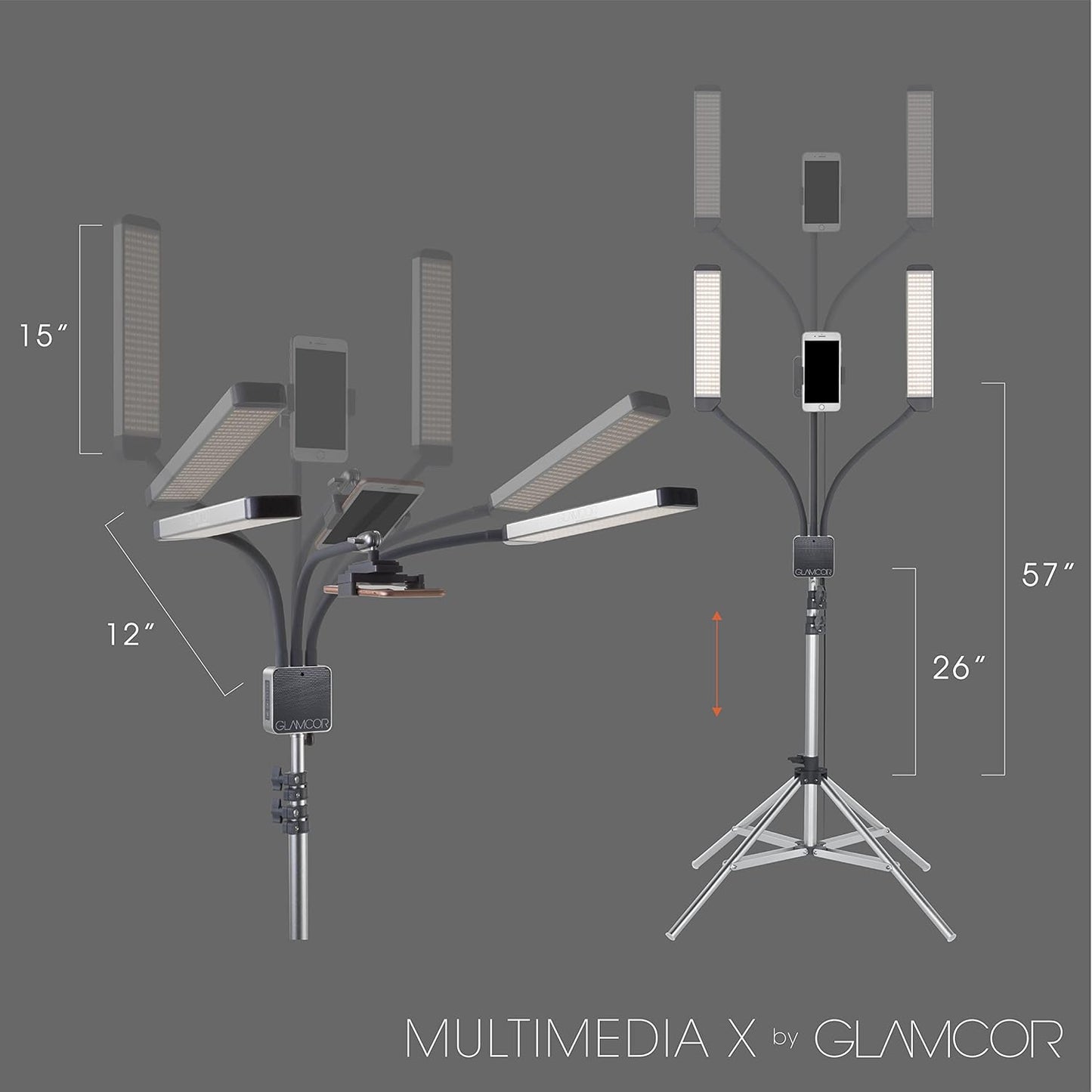 Multimedia X Portable LED Lighting Kit | Remote Controlled 2700K - 5600K Color Temperature | Smartphone Mount with Selfie Control (Grey)