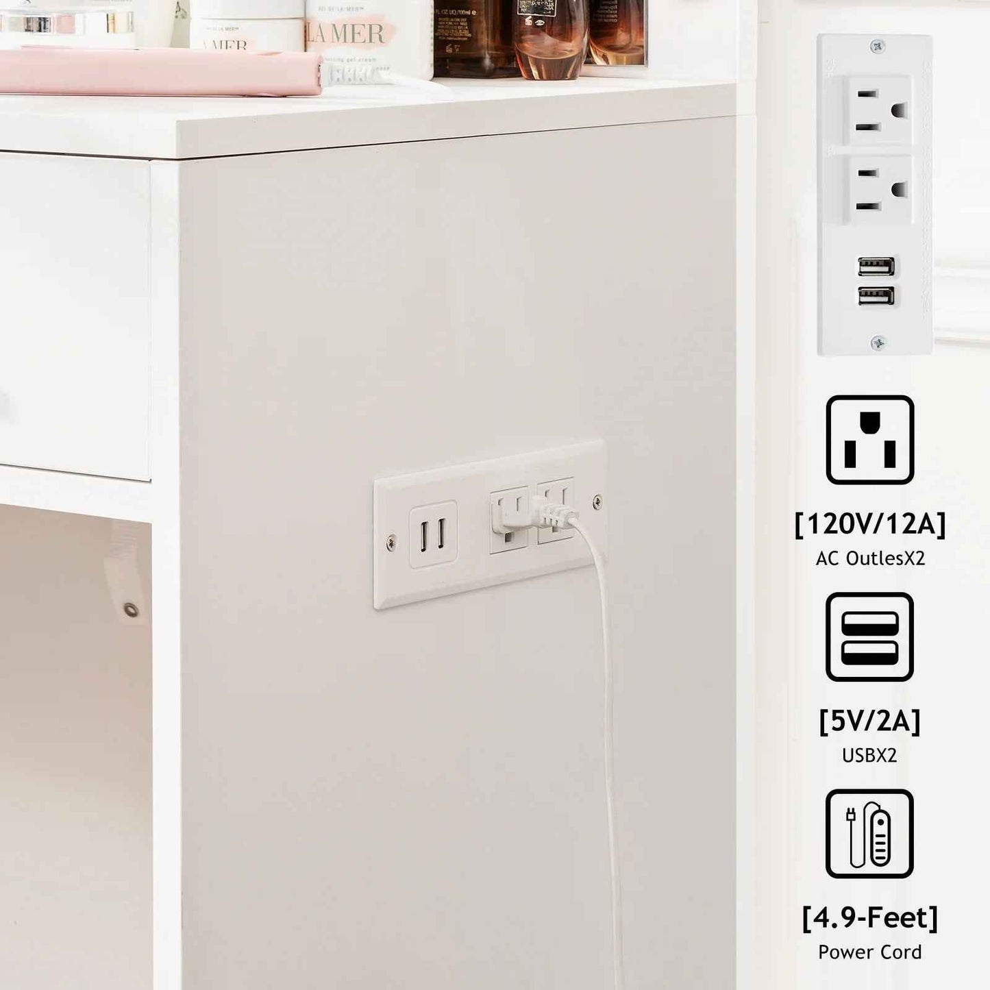 Vanity Desk Lighted Mirror Charging Station Drawers Table Set White