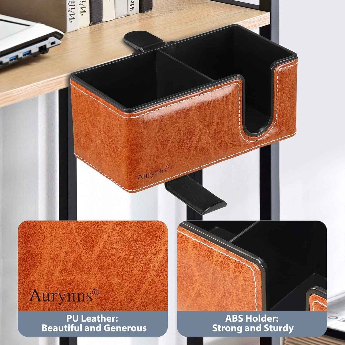Desk Cup Holder Clip on Pen Holder Headphone Hanger Headset Stand Rotatable Clamp Hook under Desk (Light Brown)