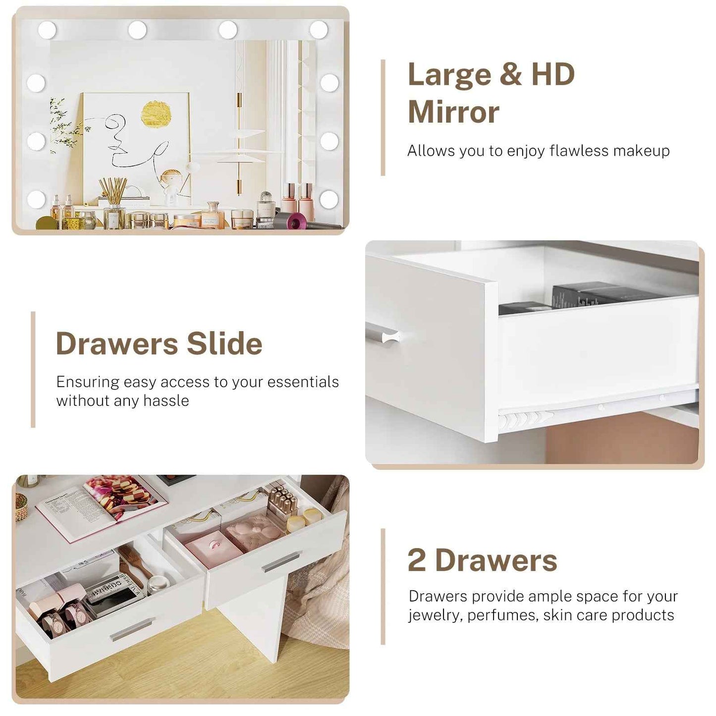 Vanity Desk Lighted Mirror Charging Station Drawers Table Set White