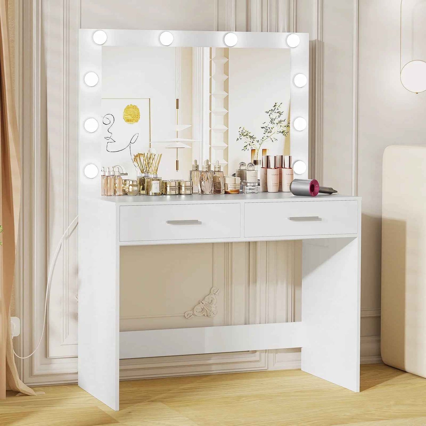 Vanity Desk Lighted Mirror Charging Station Drawers Table Set White