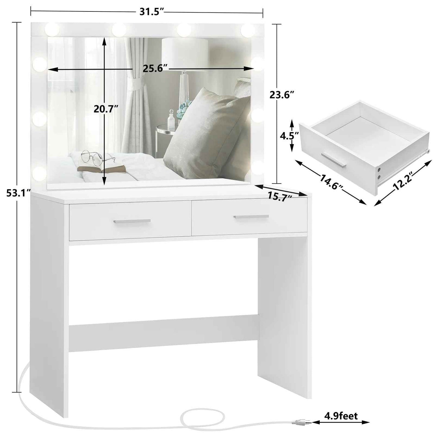 Vanity Desk Lighted Mirror Charging Station Drawers Table Set White