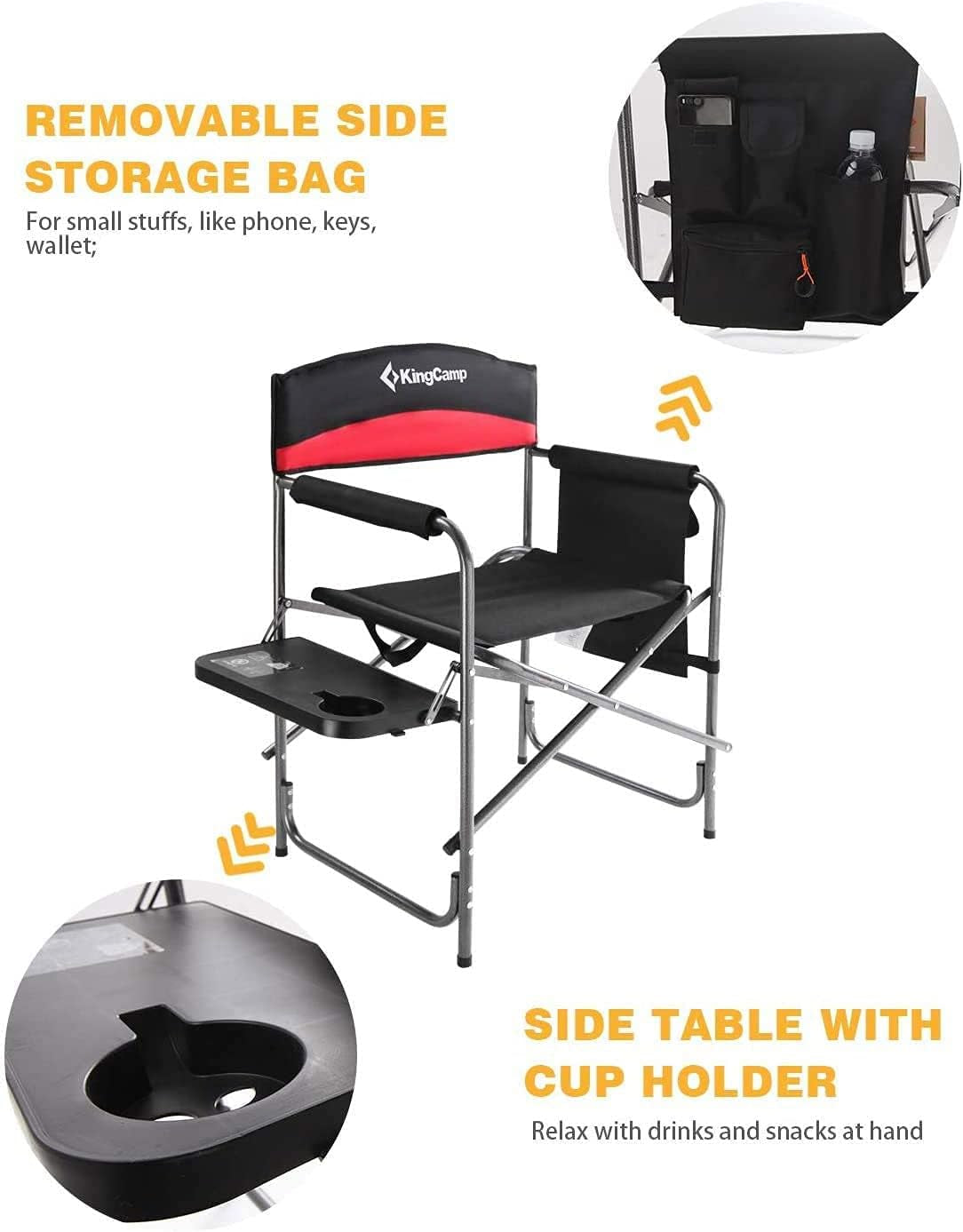 Heavy Duty Camping Director Chair, Folding with Side Table & Storage, Red