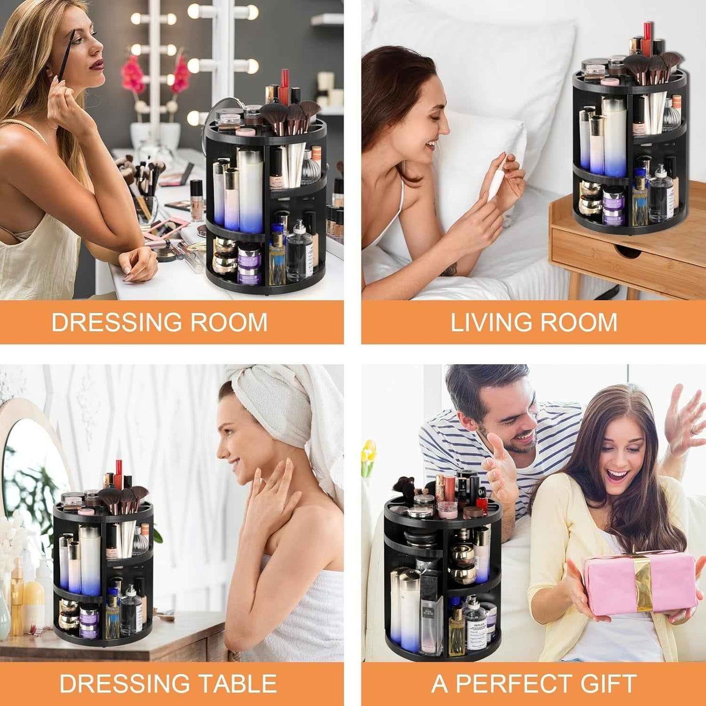 Rotating Bamboo Makeup Organizer,360 Degree Spinning Adjustable Bamboo Vanity Makeup Holder Rack,Large Capacity Cosmetics Storage Display Box,Fits Makeup,Skincare,Cologne(Black)