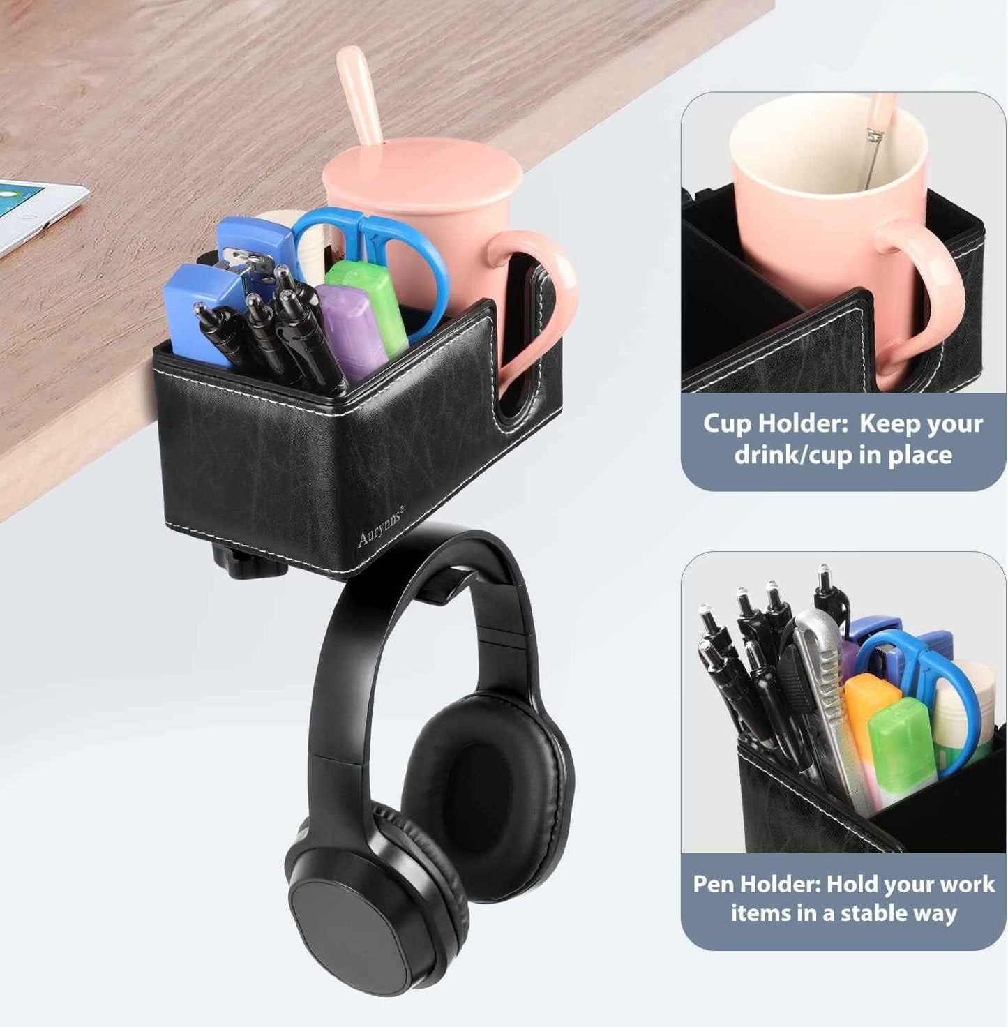 Desk Cup Holder Clip on Pen Holder Headphone Hanger Headset Stand Rotatable Clamp Hook under Desk (Black)