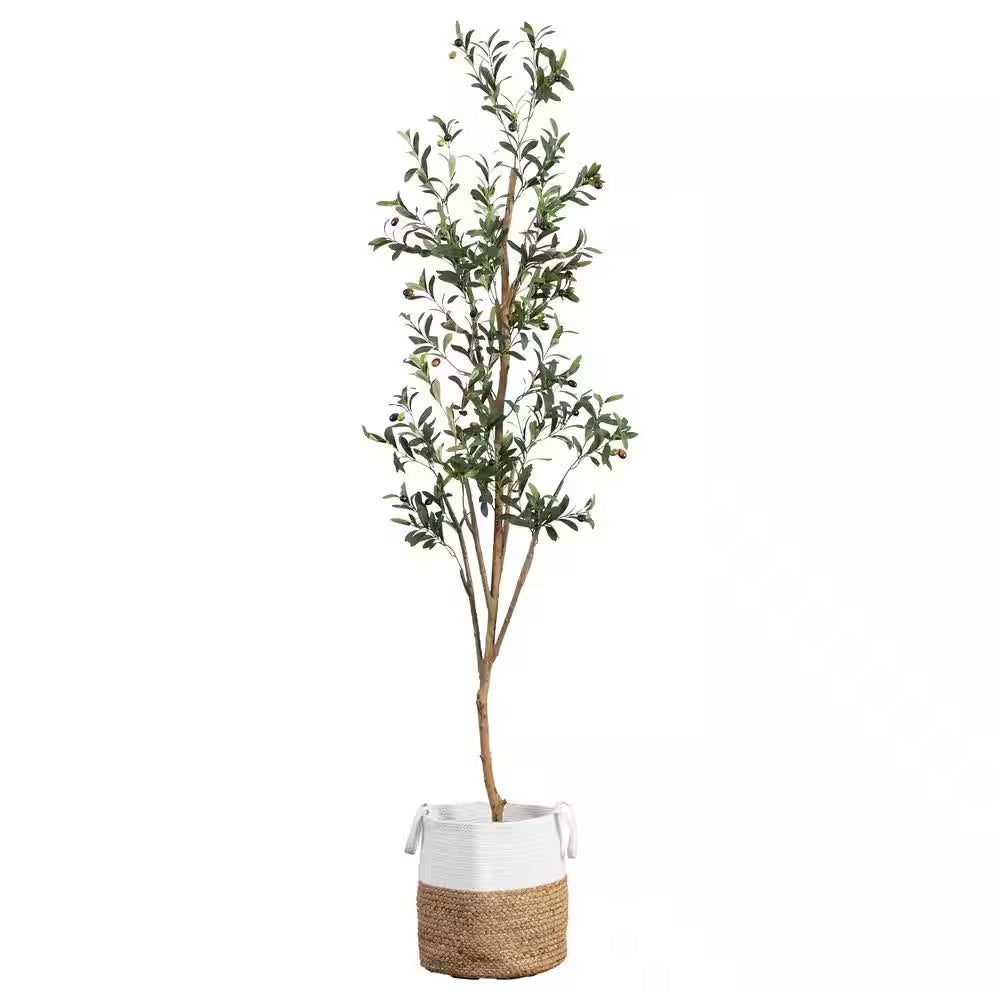 7 Ft. Artificial Olive Tree with Natural Trunk and Handmade Jute Basket