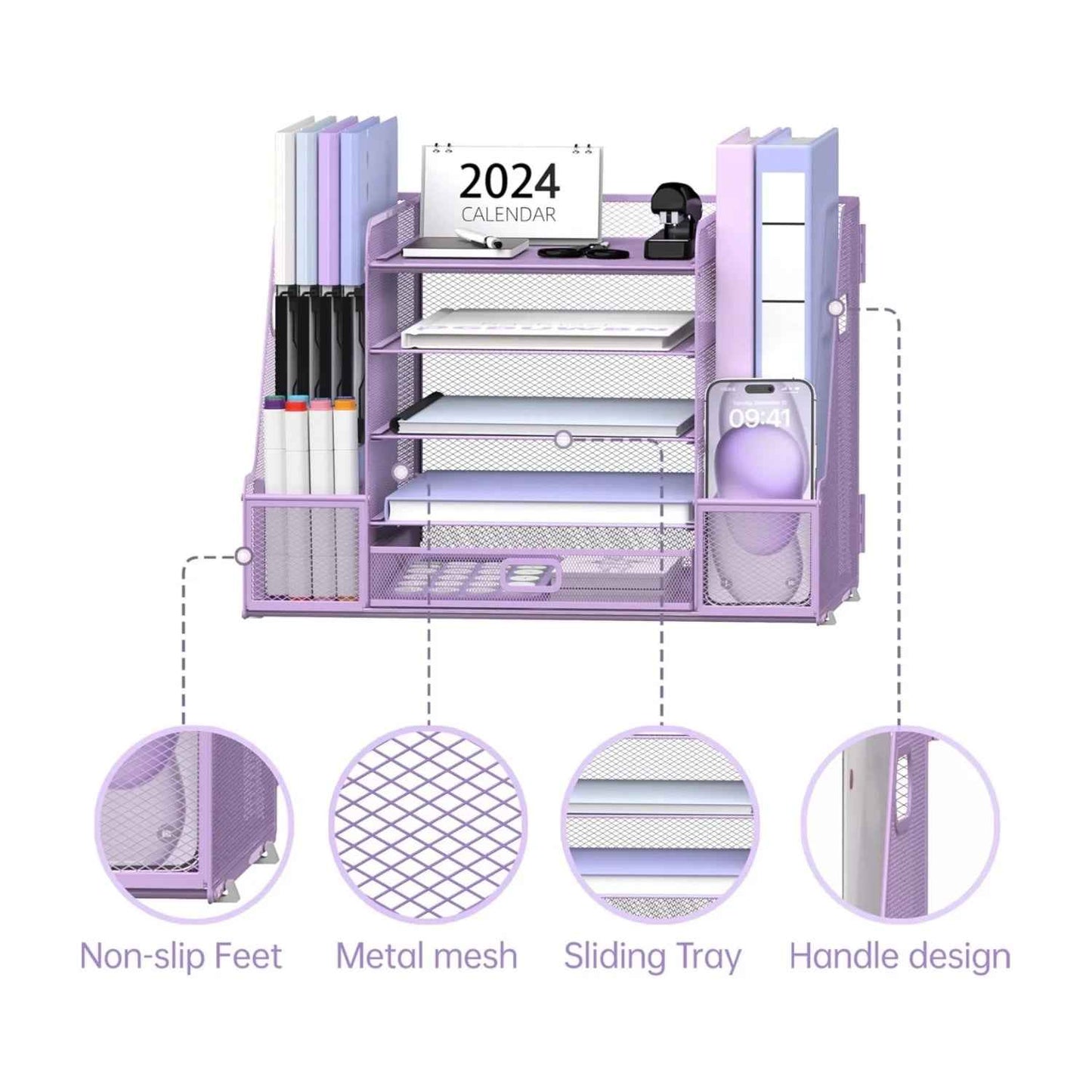 5-Tier Tray-Style Document Rack, Desktop Document Sorter with Bookends for Home and Office