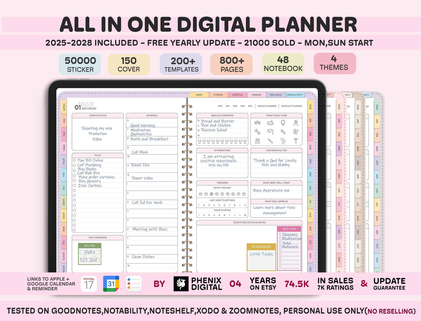 All-In-One Digital Planner 2025, 2026, 2027, Digital Planner, Digital Journal, Digital Goodnotes Template, Weekly, Daily Planner, Notability