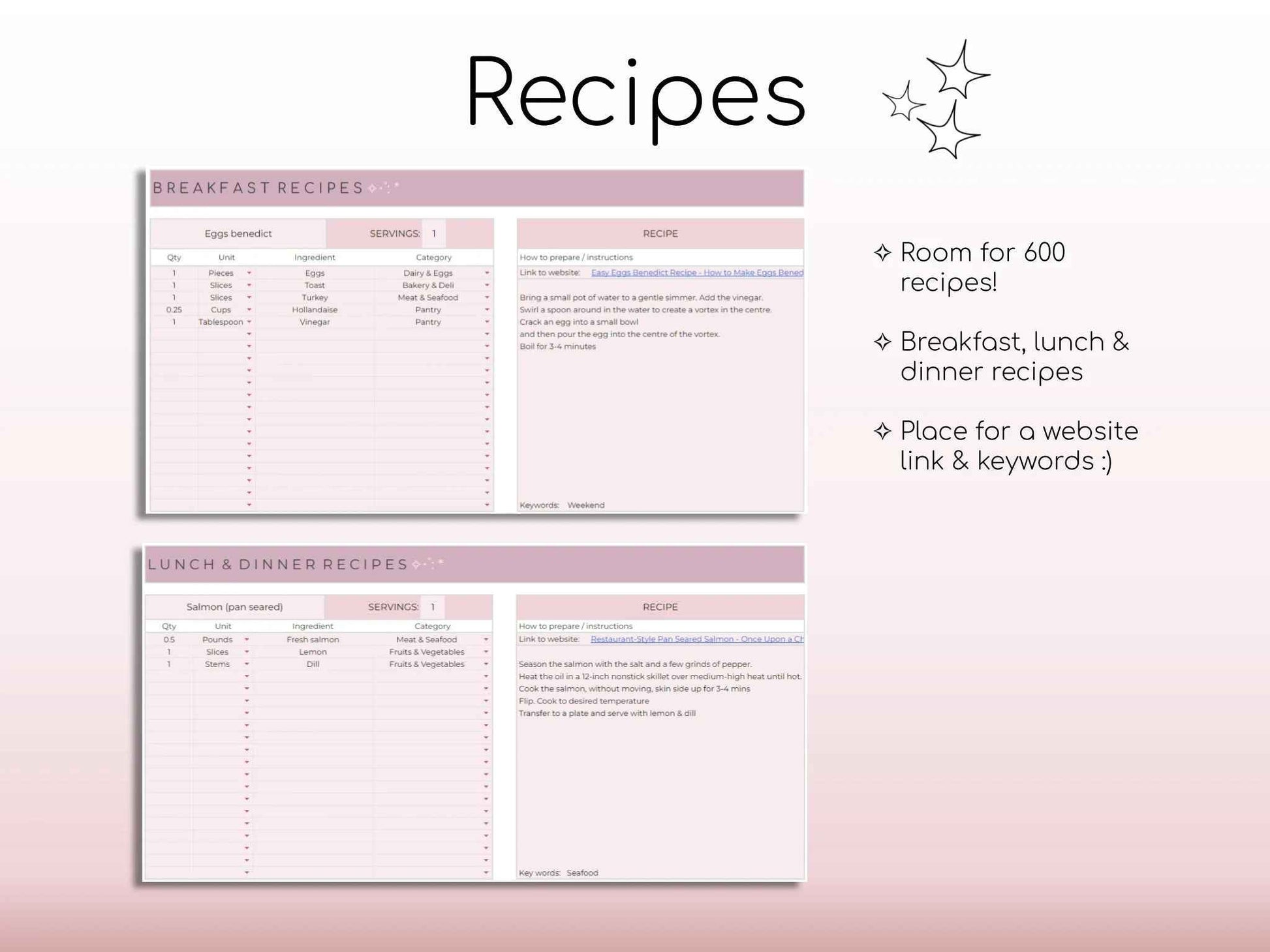 Weekly Meal Planner and Grocery List | Google Sheets Digital Template | Automated Shopping List | Food Prep | Printable Digital Meal Planner
