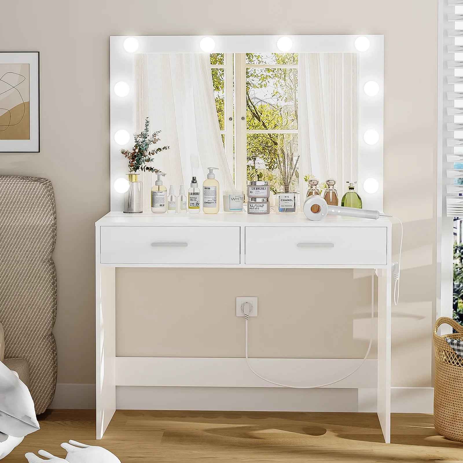Vanity Desk Lighted Mirror Charging Station Drawers Table Set White